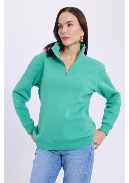 Kadın Relax Fit Rahat Kesim Pamuklu Içi Polarlı Yarım Fermuarlı Yeşil Dik Yaka Sweatshirt fiyatları