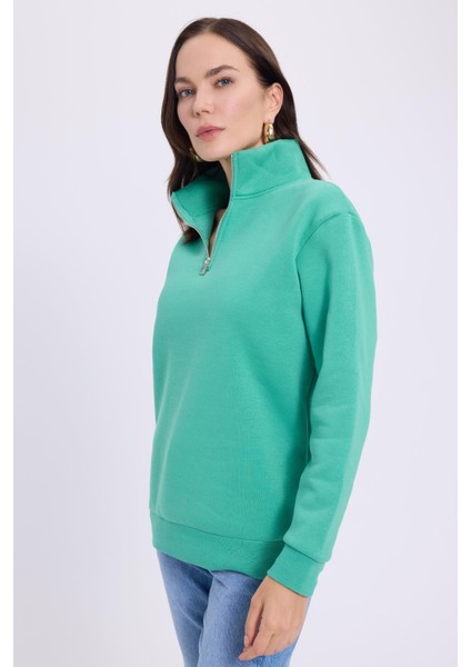 Kadın Relax Fit Rahat Kesim Pamuklu Içi Polarlı Yarım Fermuarlı Yeşil Dik Yaka Sweatshirt fırsatları