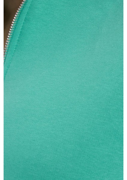 Kadın Relax Fit Rahat Kesim Pamuklu Içi Polarlı Yarım Fermuarlı Yeşil Dik Yaka Sweatshirt