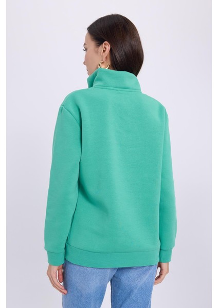 Kadın Relax Fit Rahat Kesim Pamuklu Içi Polarlı Yarım Fermuarlı Yeşil Dik Yaka Sweatshirt