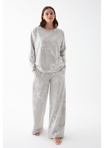 Kadın Oversize Gri Çiçek Desenli Pamuklu Kalın Pijama Takımı