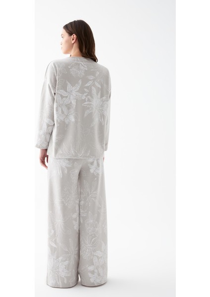 Kadın Oversize Gri Çiçek Desenli Pamuklu Kalın Pijama Takımı