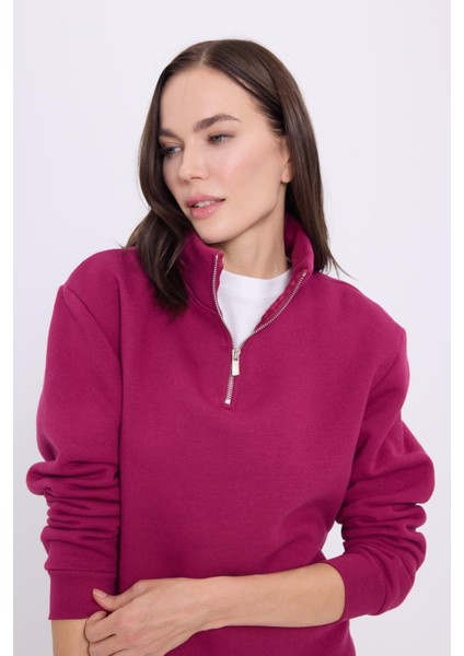 Kadın Relax Fit Rahat Kesim Pamuklu Içi Polarlı Yarım Fermuarlı Fuşya Dik Yaka Sweatshirt fiyatları
