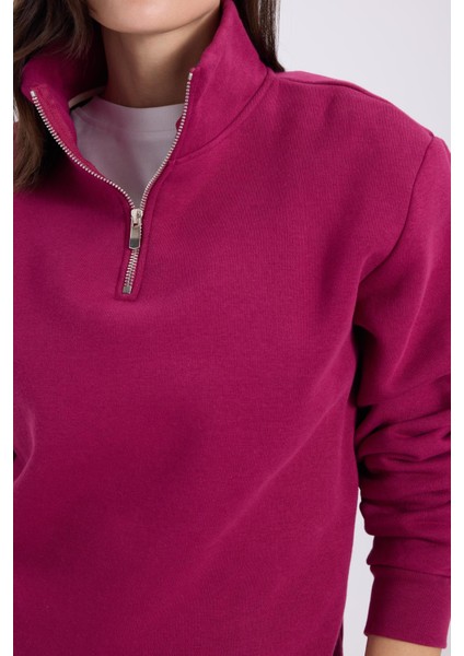 Kadın Relax Fit Rahat Kesim Pamuklu Içi Polarlı Yarım Fermuarlı Fuşya Dik Yaka Sweatshirt modelleri