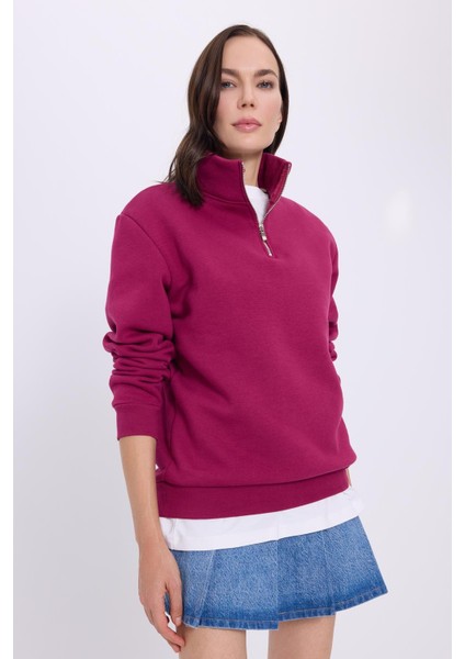 Kadın Relax Fit Rahat Kesim Pamuklu Içi Polarlı Yarım Fermuarlı Fuşya Dik Yaka Sweatshirt indirimleri