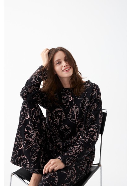 Kadın Oversize Siyah Line Art Desenli Pamuklu Kalın Pijama Takımı