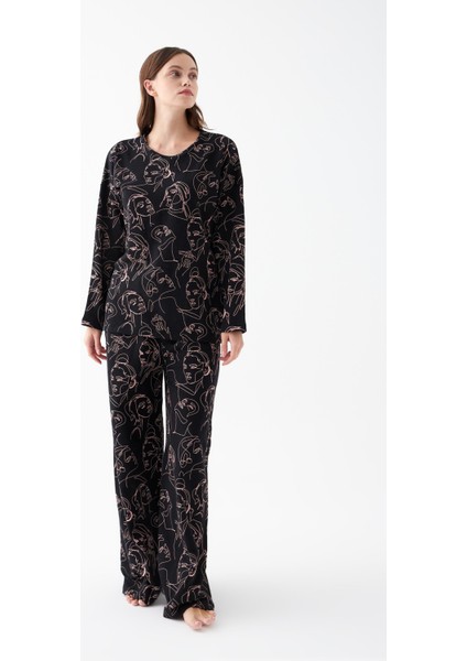 Kadın Oversize Siyah Line Art Desenli Pamuklu Kalın Pijama Takımı fiyatları