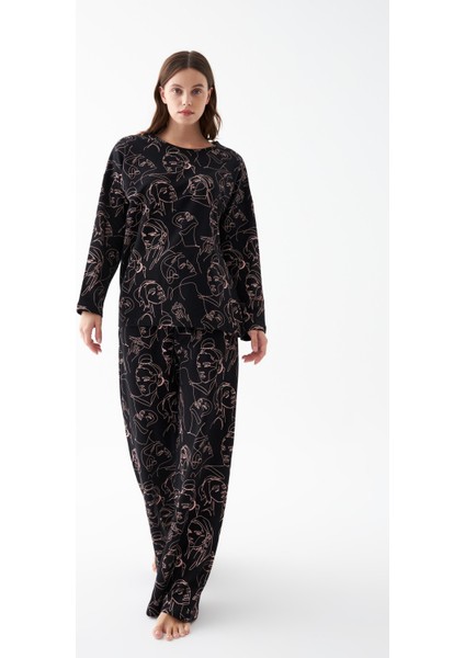 Kadın Oversize Siyah Line Art Desenli Pamuklu Kalın Pijama Takımı fırsatları