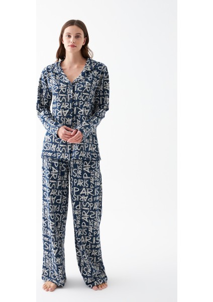 Kadın Lacivert “paris” Yazı Desenli Düğmeli Pamuklu Pijama Takımı
