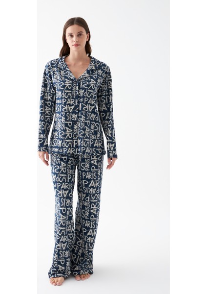 Kadın Lacivert “paris” Yazı Desenli Düğmeli Pamuklu Pijama Takımı modelleri