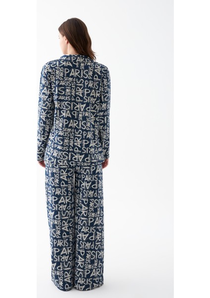 Kadın Lacivert “paris” Yazı Desenli Düğmeli Pamuklu Pijama Takımı