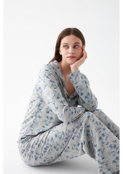 Kadın Gri Desenli Düğmeli Pamuklu Pijama Takımı fiyatları