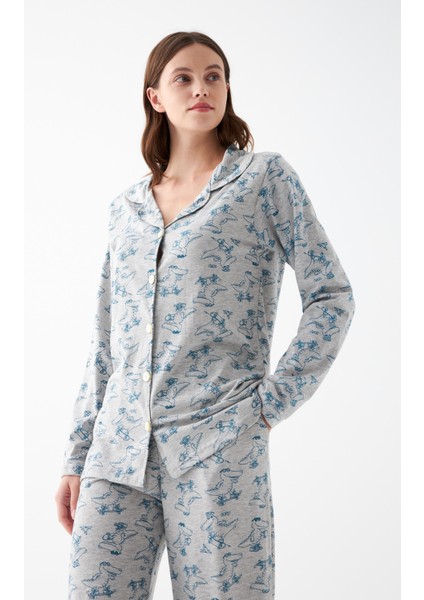Kadın Gri Desenli Düğmeli Pamuklu Pijama Takımı modelleri