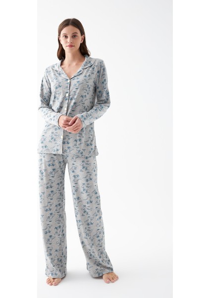 Kadın Gri Desenli Düğmeli Pamuklu Pijama Takımı fırsatları