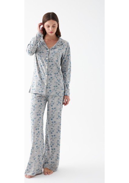 Kadın Gri Desenli Düğmeli Pamuklu Pijama Takımı indirimleri