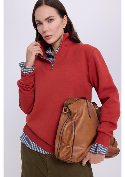 Kadın Relax Fit Rahat Kesim Pamuklu Içi Polarlı Yarım Fermuarlı Kırmızı Dik Yaka Sweatshirt fiyatları