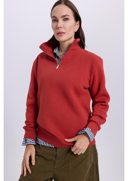 Kadın Relax Fit Rahat Kesim Pamuklu Içi Polarlı Yarım Fermuarlı Kırmızı Dik Yaka Sweatshirt fırsatları