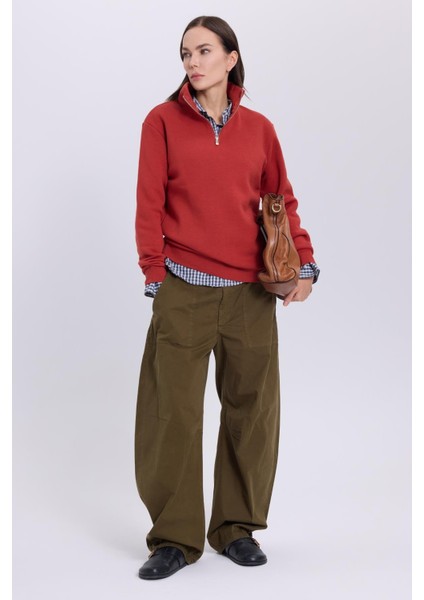 Kadın Relax Fit Rahat Kesim Pamuklu Içi Polarlı Yarım Fermuarlı Kırmızı Dik Yaka Sweatshirt indirimleri