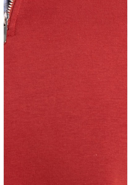 Kadın Relax Fit Rahat Kesim Pamuklu Içi Polarlı Yarım Fermuarlı Kırmızı Dik Yaka Sweatshirt