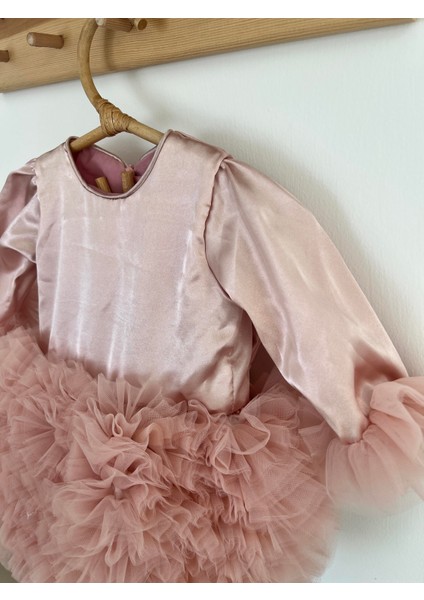 Kız Bebek Çocuk Elbise Uzun Kollu Tüllü Tütü Özel Gün Parti Doğum Günü Prenses Saten Abiye Elbise modelleri