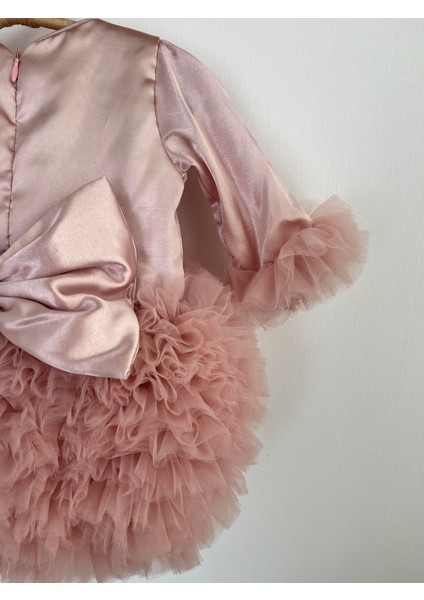 Kız Bebek Çocuk Elbise Uzun Kollu Tüllü Tütü Özel Gün Parti Doğum Günü Prenses Saten Abiye Elbise