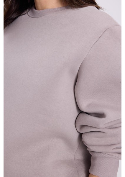 Kadın Oversize Geniş Kesim Pamuklu Yumuşak Dokulu Içi Polarlı Basic Gri Bisiklet Yaka Sweatshirt modelleri