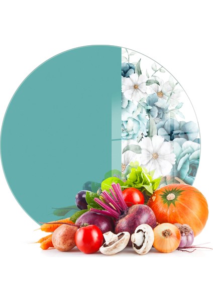 Cam Kesme Tahtası ve Sunumluk Yuvarlak Vintage Turkuaz Gül 30X30 cm