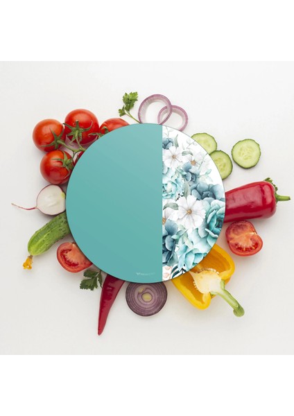 Cam Kesme Tahtası ve Sunumluk Yuvarlak Vintage Turkuaz Gül 30X30 cm modelleri