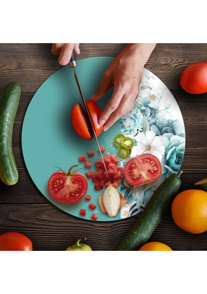 Cam Kesme Tahtası ve Sunumluk Yuvarlak Vintage Turkuaz Gül 30X30 cm fırsatları