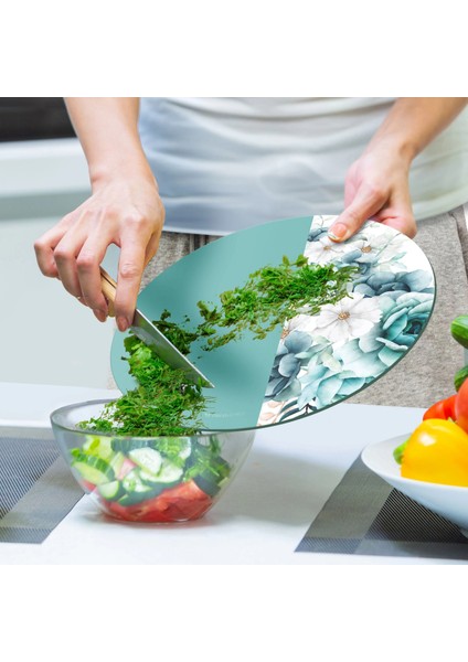 Cam Kesme Tahtası ve Sunumluk Yuvarlak Vintage Turkuaz Gül 30X30 cm indirimleri