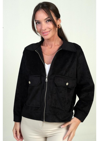 Kadın Torba Cepli Önü Fermuarlı Süet Mont modelleri