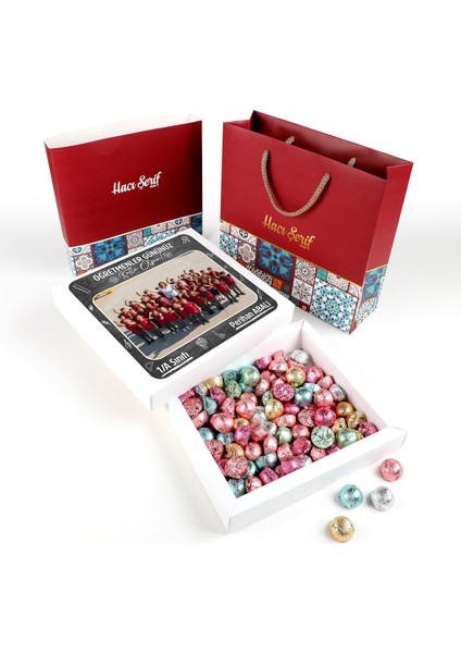 Isimli Fotoğraflı Öğretmenler Günü Hediyesi Çikolatin 450G Motif Desenli Kutu Çanta