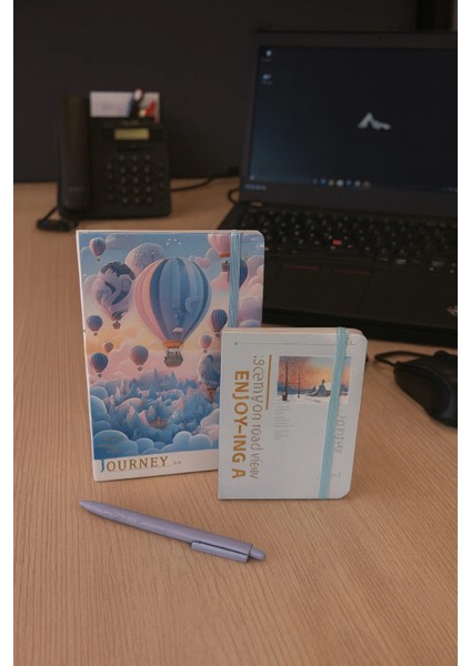 2 Adet Ajanda Çizgili Not Defteri-Uçlu Kalem Hediyeli Mavi Balon