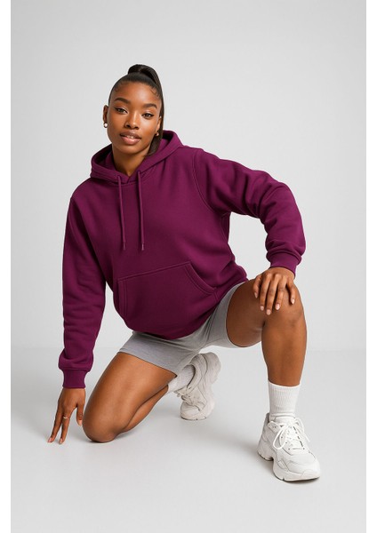 Kadın Kapüşonlu Cepli Mor Polar Sweatshirt