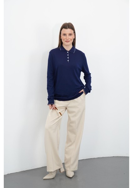 Polo Yaka Düğmeli Triko-Lacivert fiyatları