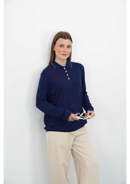 Polo Yaka Düğmeli Triko-Lacivert