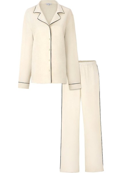 Modal Biyeli Uzun Kollu Pijama Takımı / Krem