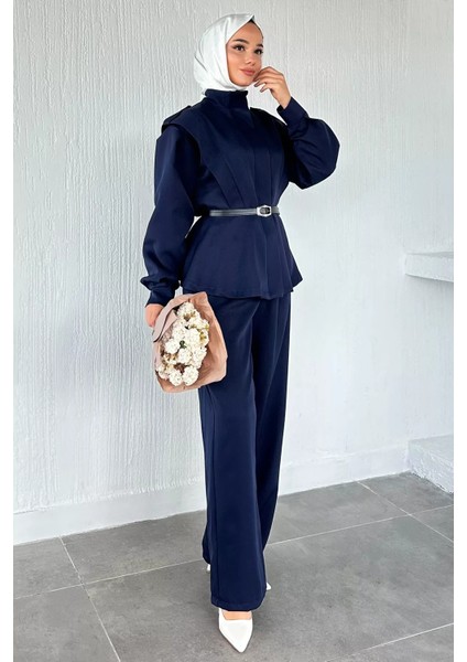 Kemer Aksesuarlı Ceket Bel Lastikli Pileli Pantolon Tesettür Ikili Takım P-00018873 modelleri