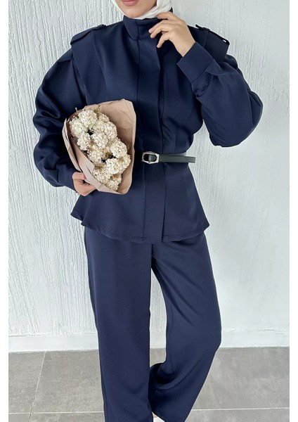 Kemer Aksesuarlı Ceket Bel Lastikli Pileli Pantolon Tesettür Ikili Takım P-00018873 fırsatları