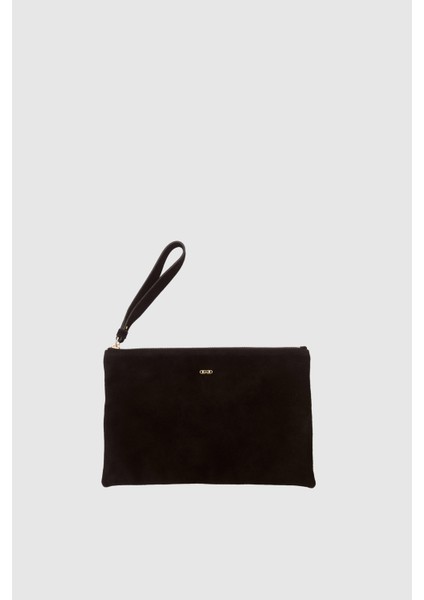 Suvea Siyah Süet Hakiki Deri Clutch