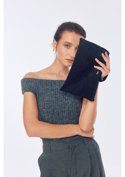 Suvea Siyah Süet Hakiki Deri Clutch modelleri
