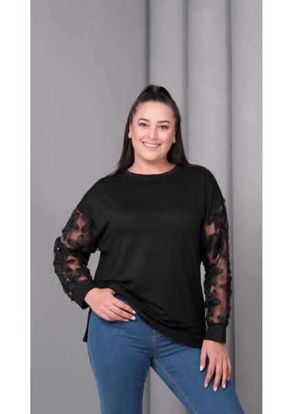 Kadın Büyük Beden Transparan Kol Siyah Sweatshirt