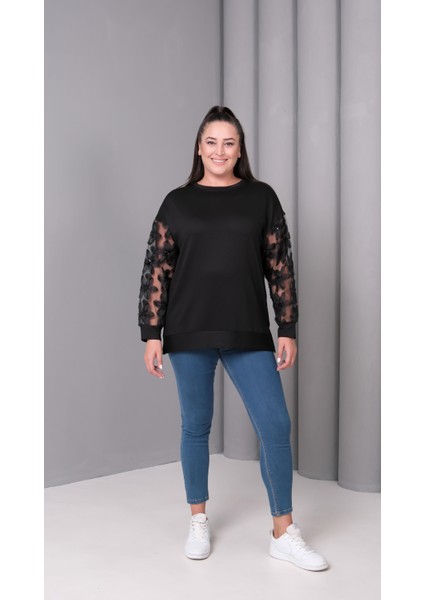Kadın Büyük Beden Transparan Kol Siyah Sweatshirt fiyatları