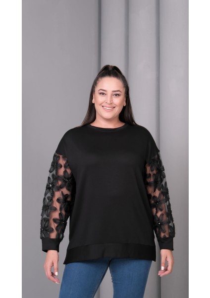 Kadın Büyük Beden Transparan Kol Siyah Sweatshirt fırsatları