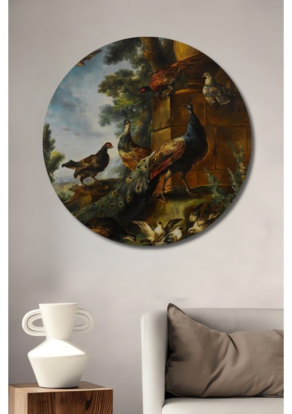 Dekoratif Ahşap Yuvarlak Tablo Tavuskuşu ve Kuşlar Ormanı