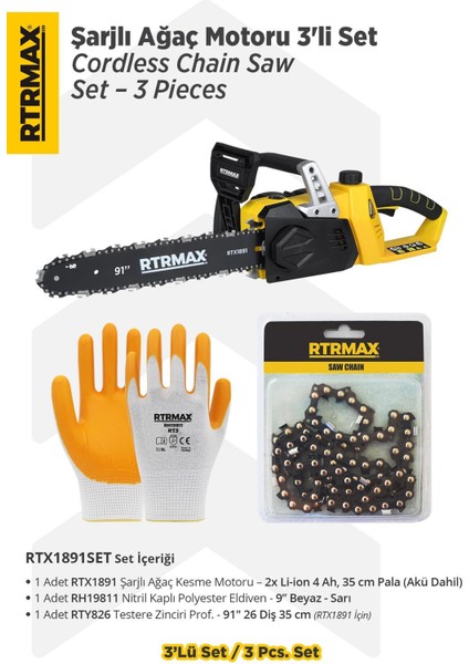 RTX1891SET Şarjlı Ağaç Kesme Motoru 3'li Set -Testere Zinciri-Eldiven