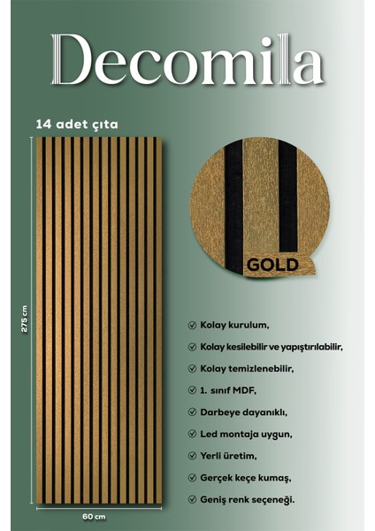 Mdf Ahşap Akustik Duvar Paneli 60X275 cm -Gold(Pvc)