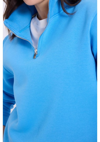 Kadın Relax Fit Rahat Kesim Pamuklu Içi Polarlı Yarım Fermuarlı Mavi Dik Yaka Sweatshirt modelleri