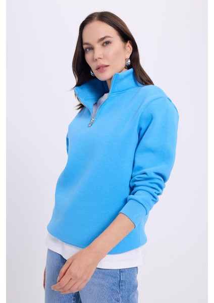 Kadın Relax Fit Rahat Kesim Pamuklu Içi Polarlı Yarım Fermuarlı Mavi Dik Yaka Sweatshirt fırsatları