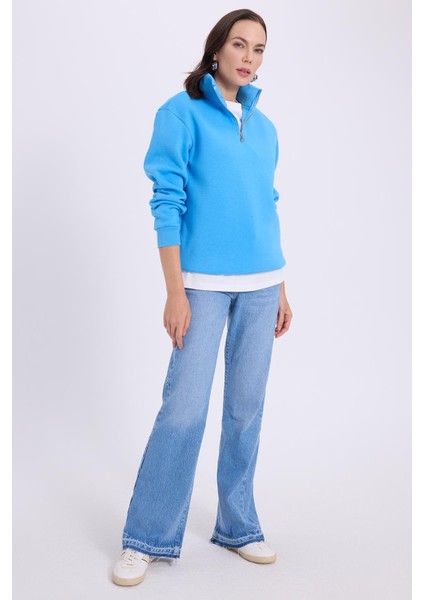 Kadın Relax Fit Rahat Kesim Pamuklu Içi Polarlı Yarım Fermuarlı Mavi Dik Yaka Sweatshirt indirimleri